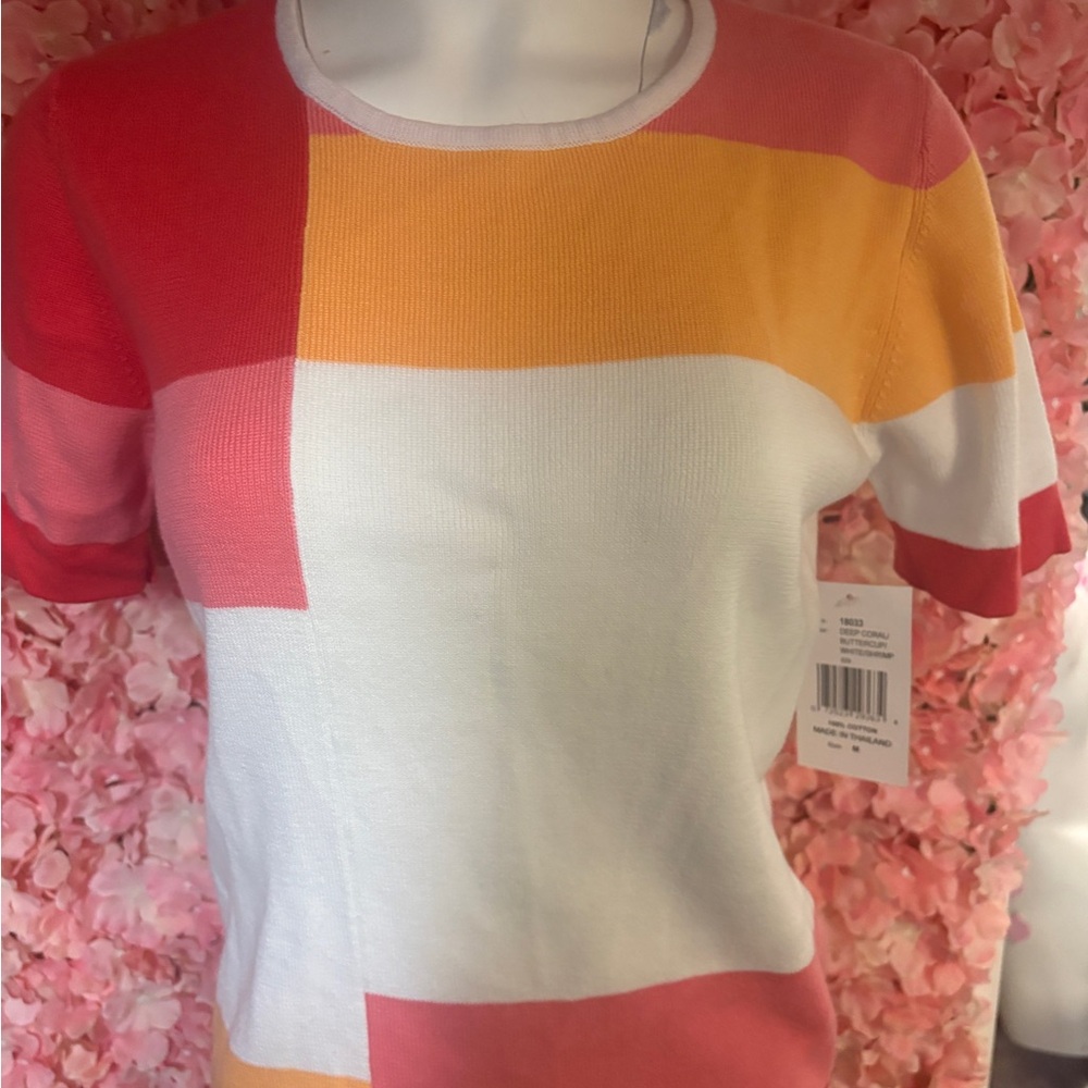 Colorblock Short-Sleeve Knit Top in White, Coral & Yellow
